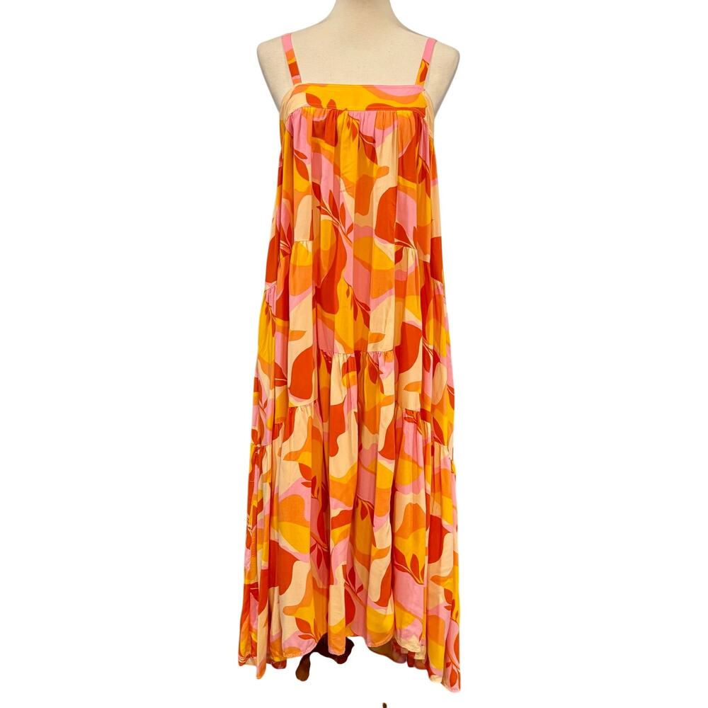 Abel The Label Boho Abstract Tiered Trapeze Maxi Dress Orange Pink, Size M